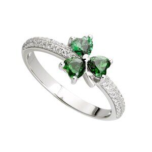 Solvar Irish Three Leaf Clover Shamrock Sterling Silver Green Crystal CZ Ring